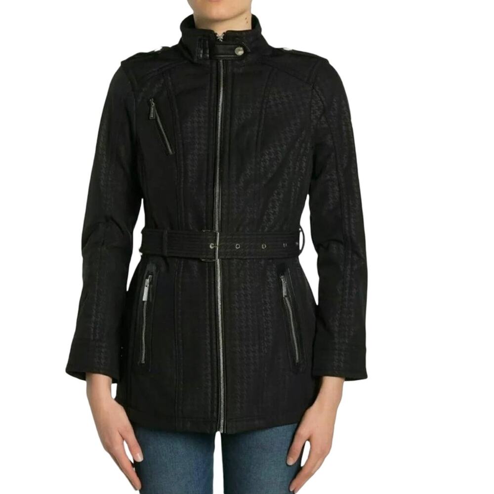 Michael Kors Weatherproof Belted Jacket Black Houndstooth Print S